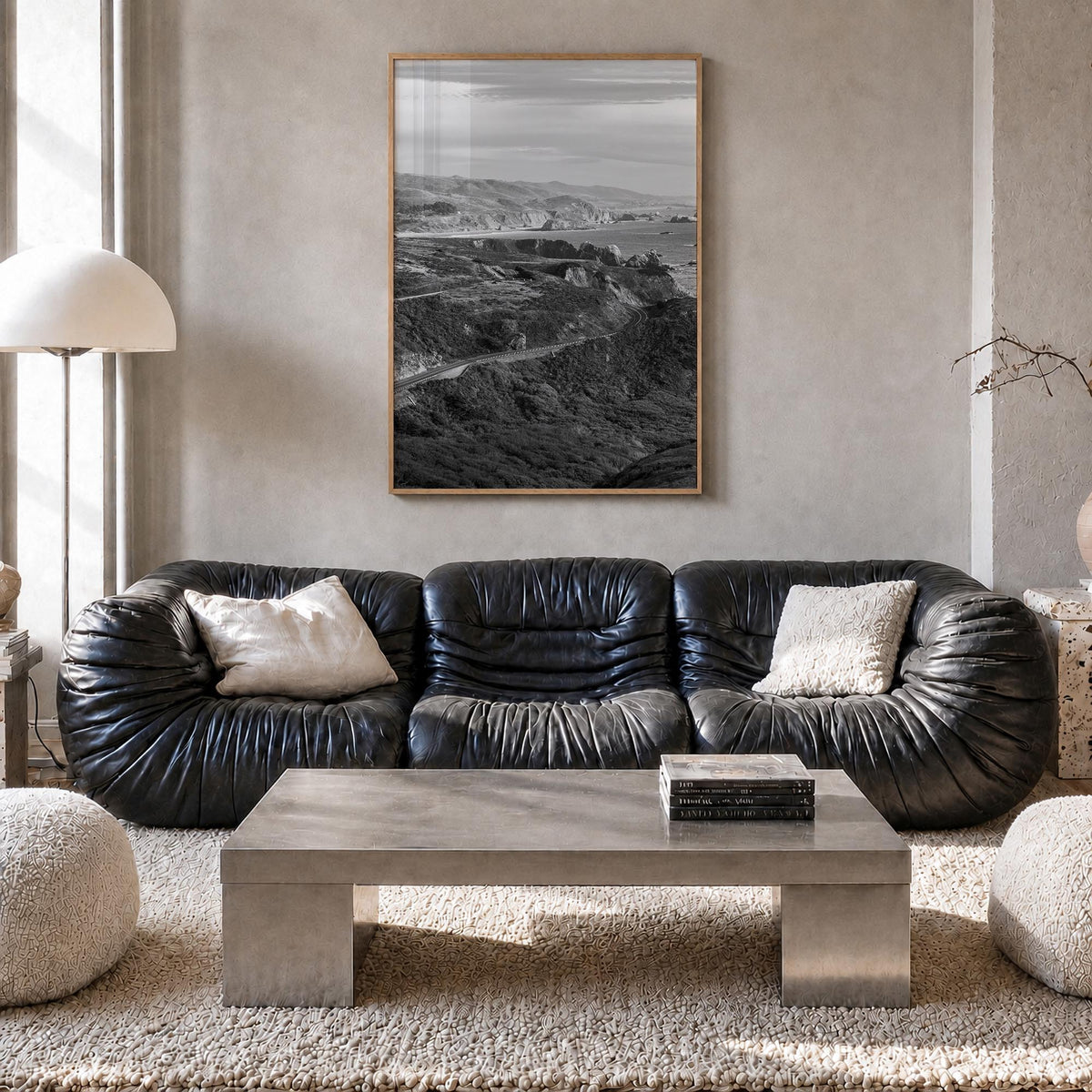 California State Route 1 black & white photo poster of California, USA – vertical wall art in natural wood frame, hanging on 