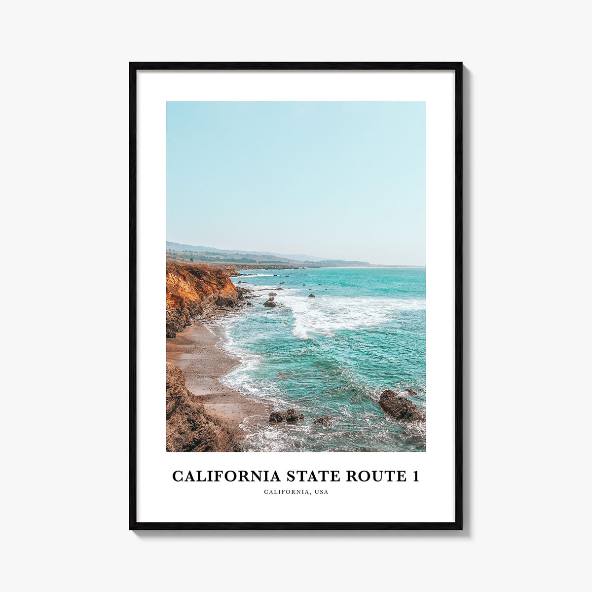 California State Route 1 colorful classic poster of California, USA – vertical wall art, unframed print shown in interior moc