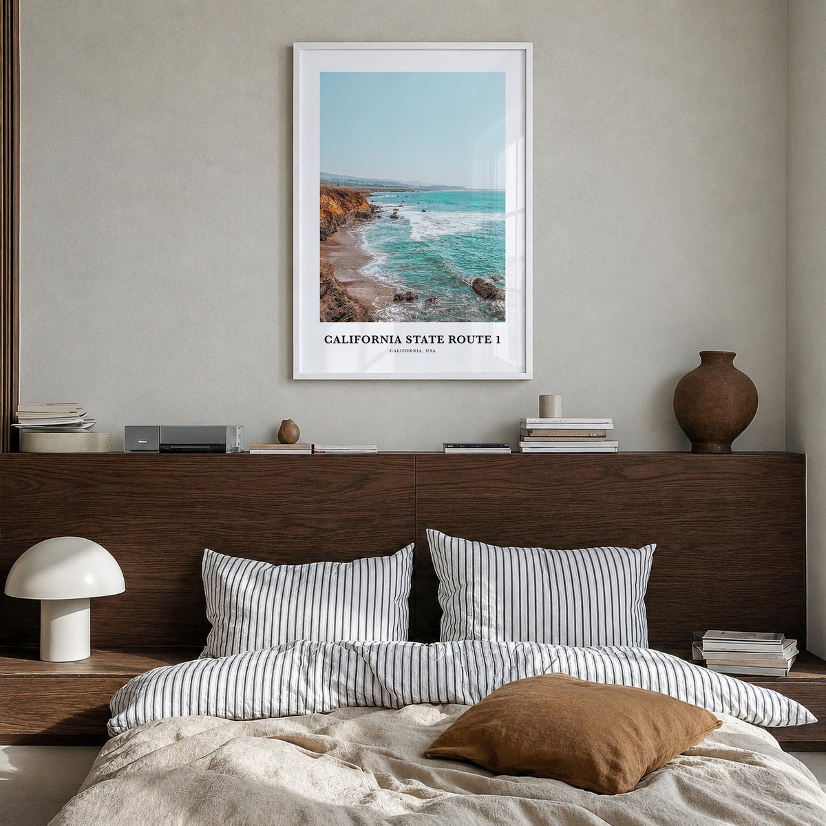 California State Route 1 colorful classic poster of California, USA – vertical wall art in white wood frame, hanging on wall