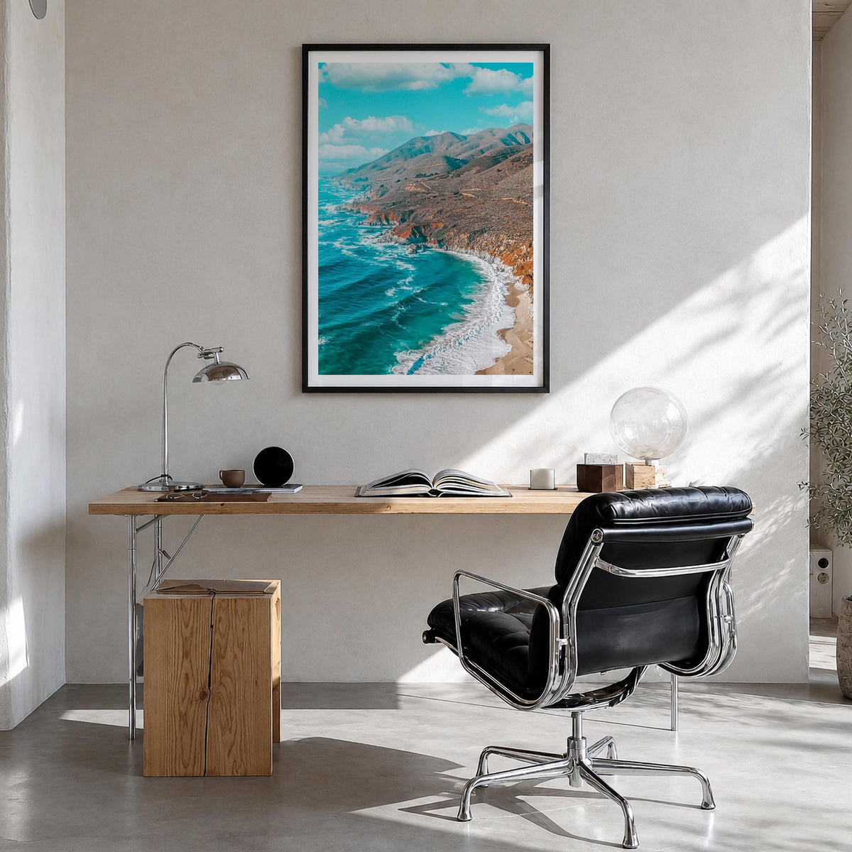 California State Route 1 colorful photo poster of California, USA – vertical wall art in black wood frame with white border, 