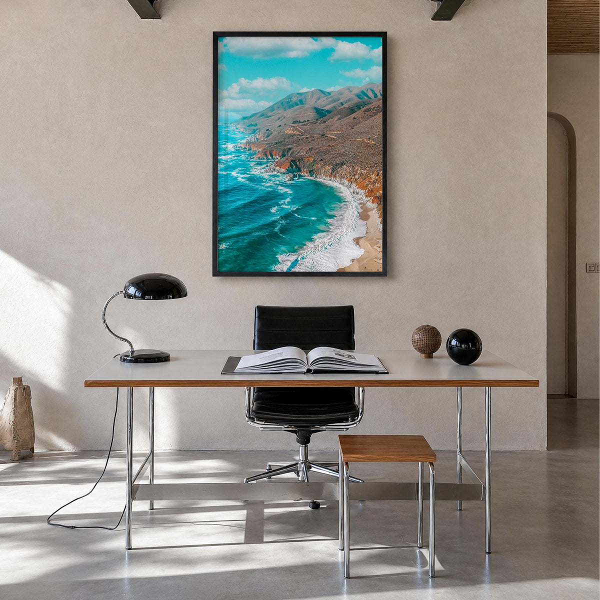 California State Route 1 colorful photo poster of California, USA – vertical wall art in black wood frame, hanging on wall