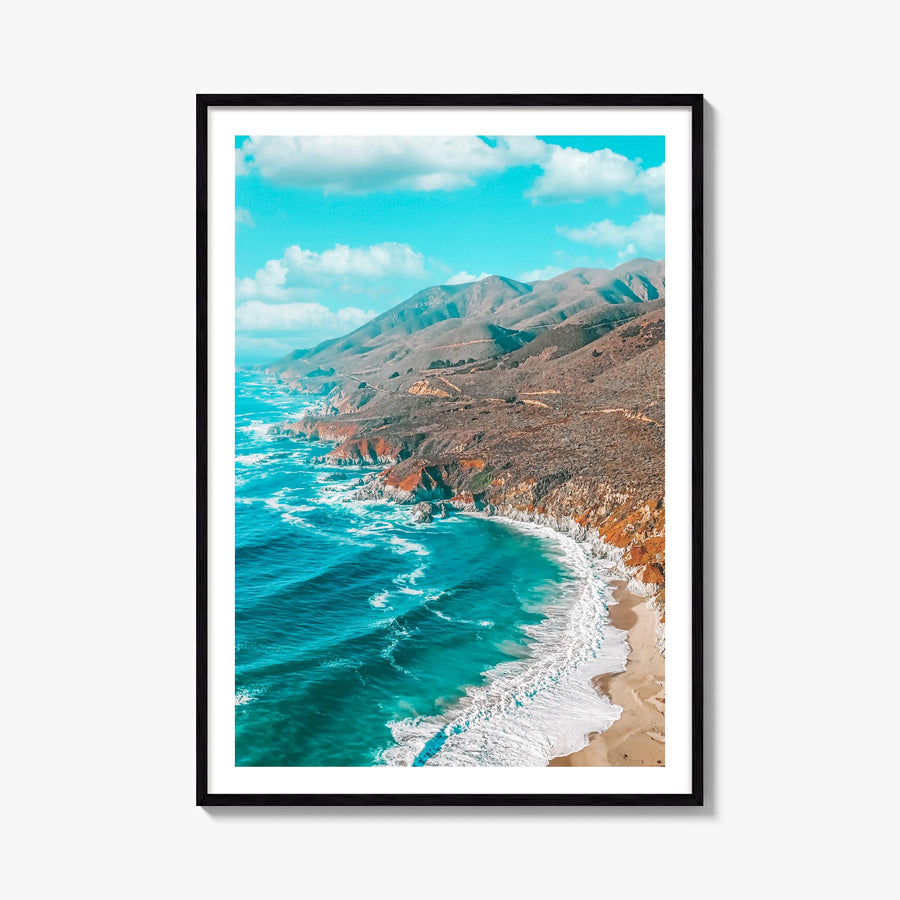 California State Route 1 colorful photo poster of California, USA – vertical wall art, unframed print shown in interior mocku