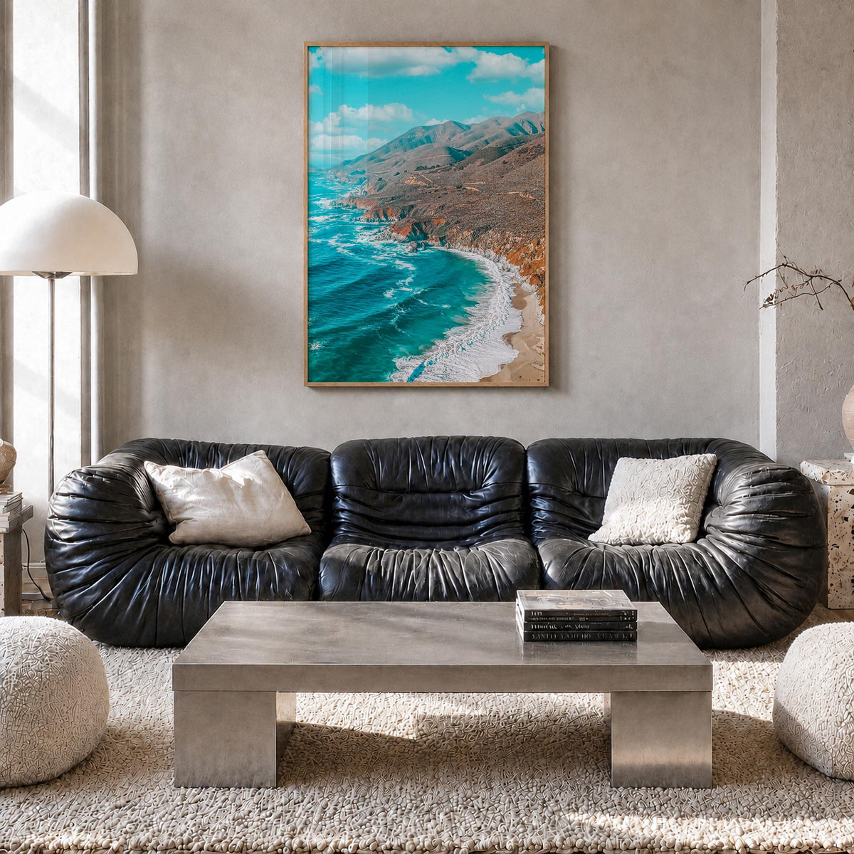 California State Route 1 colorful photo poster of California, USA – vertical wall art in natural wood frame, hanging on wall