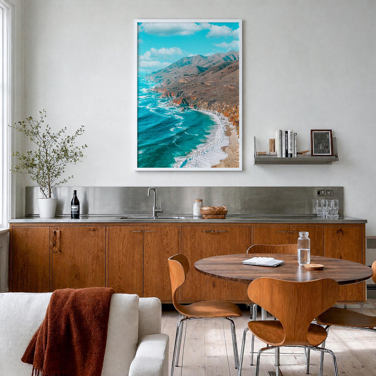 California State Route 1 colorful photo poster of California, USA – vertical wall art in white wood frame, hanging on wall