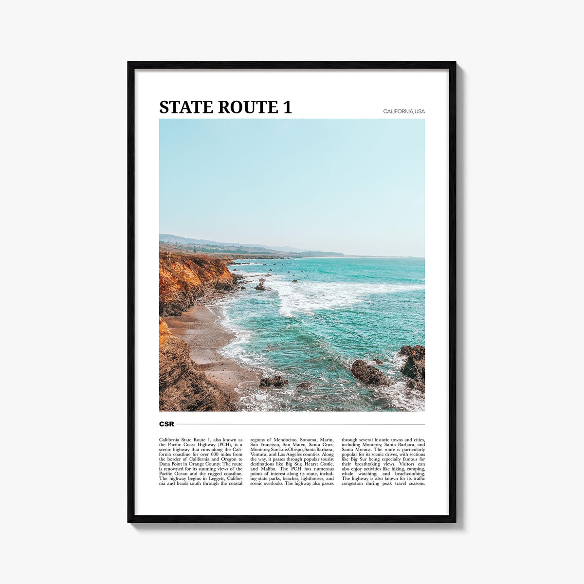 California State Route 1 colorful travel poster of California, USA – vertical wall art, unframed print shown in interior mock