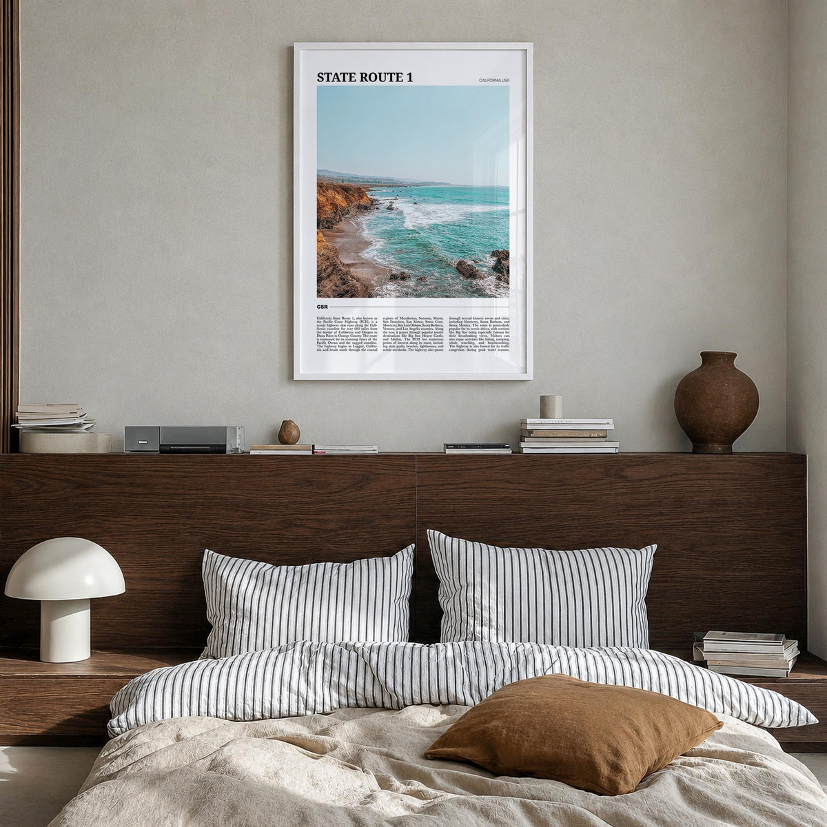 California State Route 1 colorful travel poster of California, USA – vertical wall art in white wood frame, hanging on wall