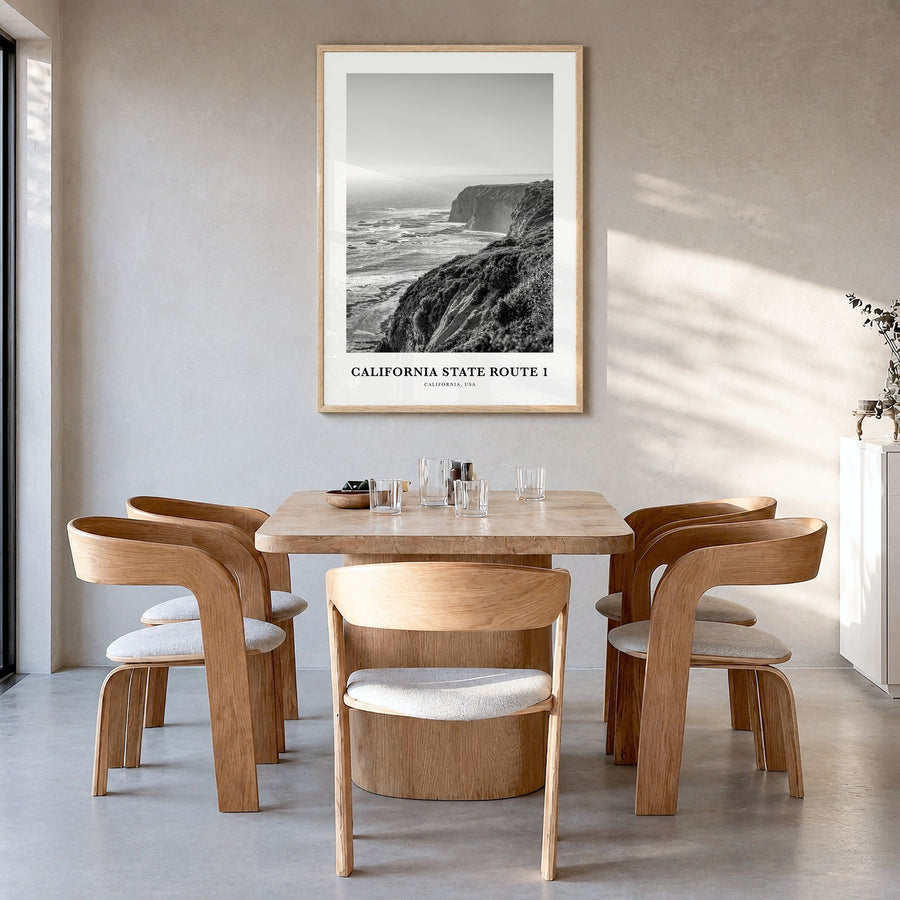 California State Route 1 Classic Poster in a natural wood frame, hanging in a dining room