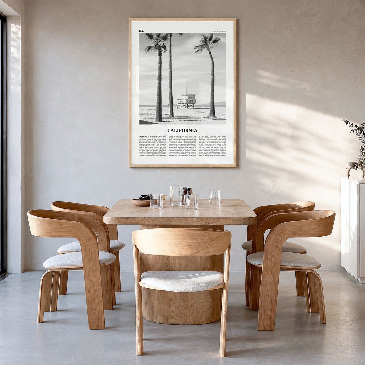 California Newspaper No 2 Poster in a natural wood frame, hanging in a dining room