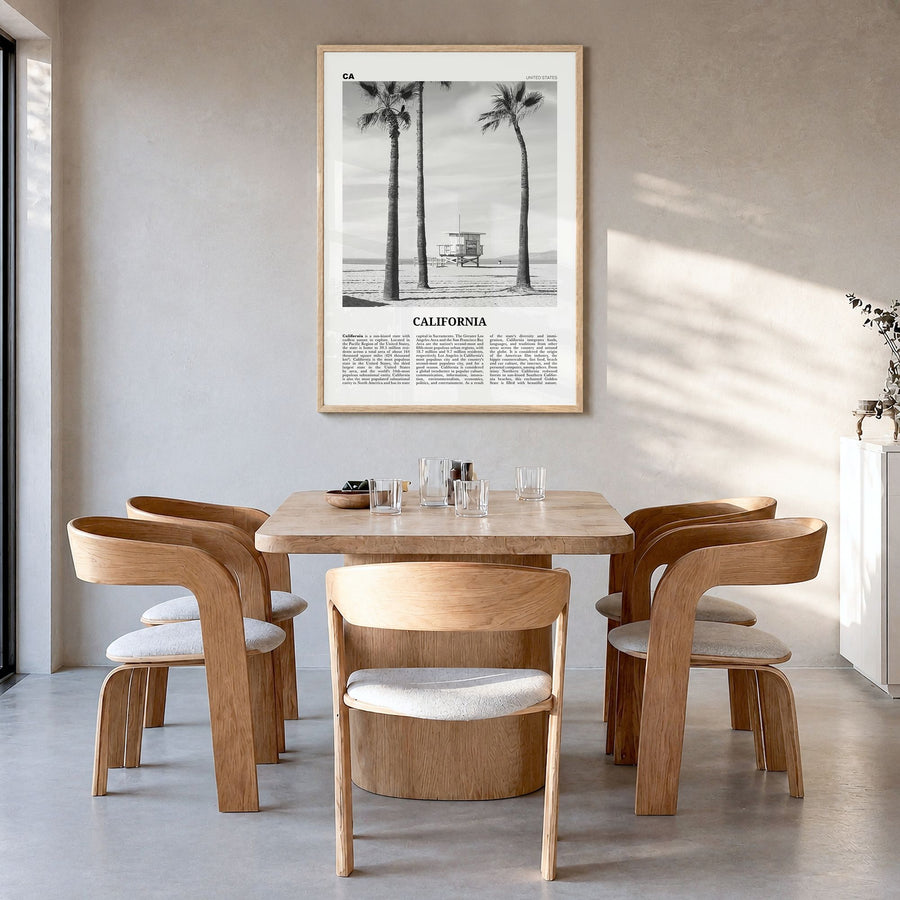 California Newspaper No 2 Poster in a natural wood frame, hanging in a dining room