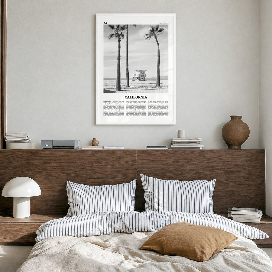 California Newspaper No 2 Poster in a white wood frame, hanging in a bedroom