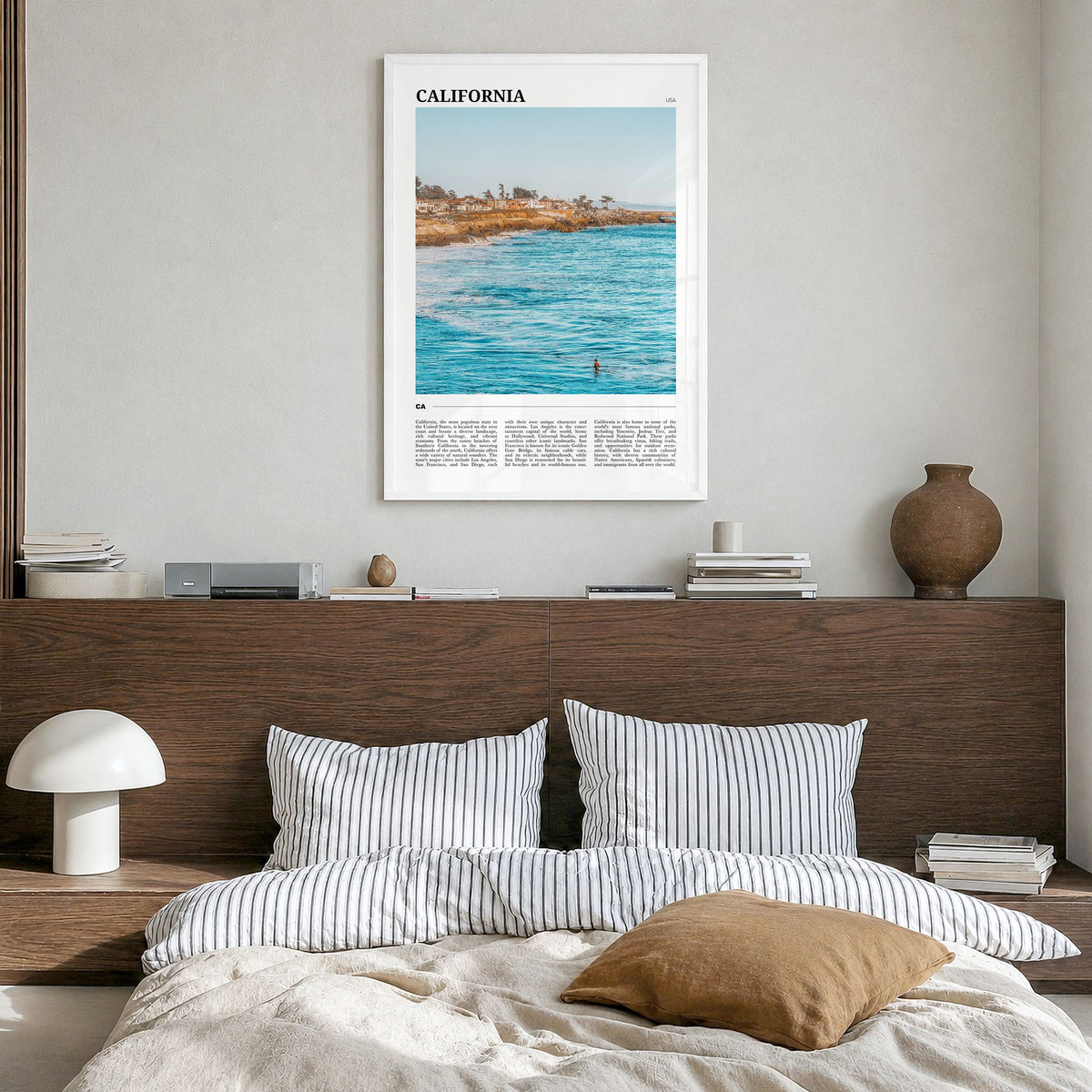 California Travel No 1 Poster in a white wood frame, hanging in a bedroom