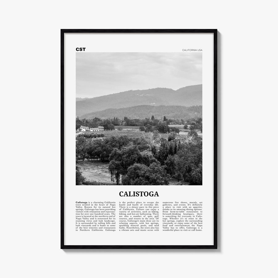 Calistoga black & white newspaper poster of California, USA – vertical wall art, unframed print shown in interior mockup
