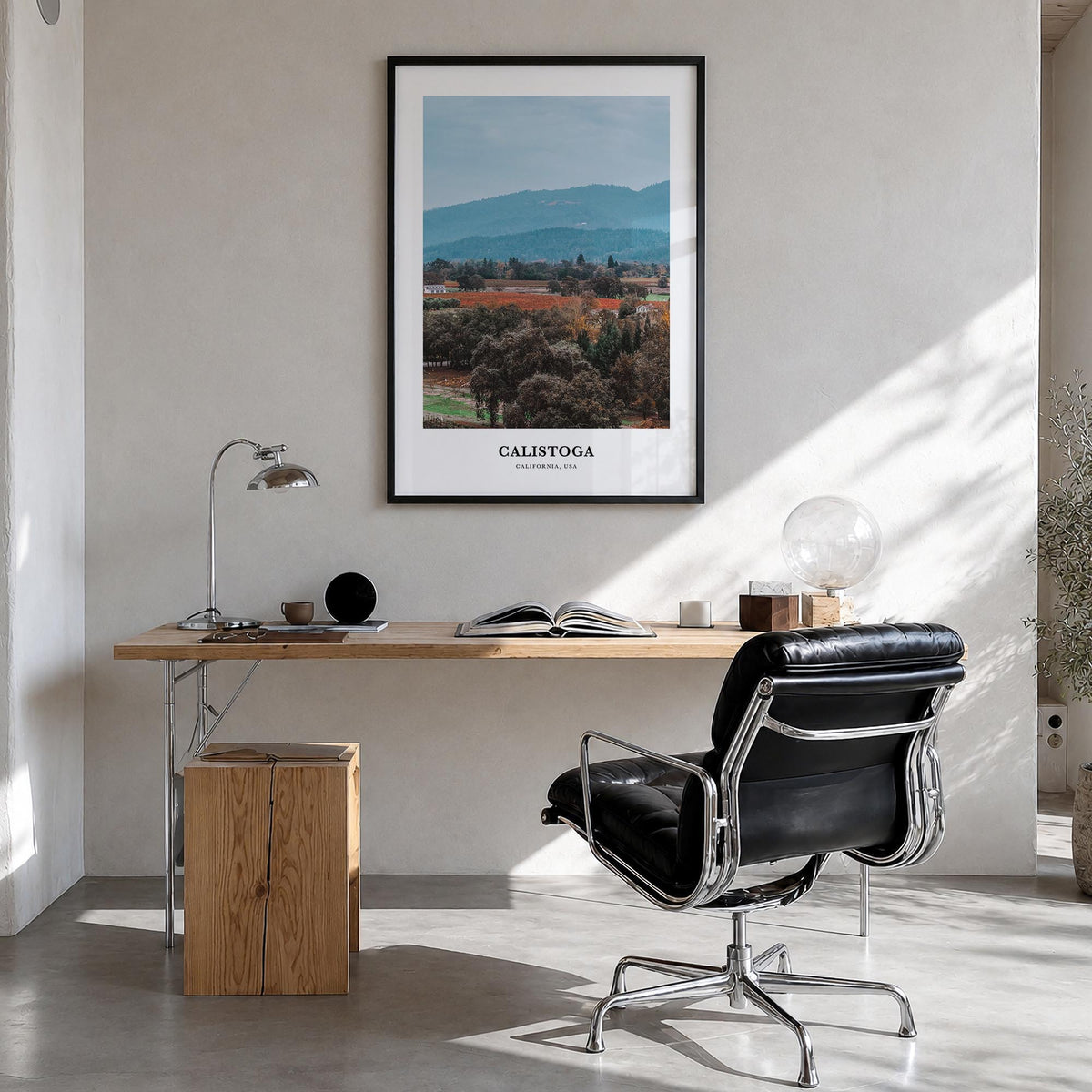 Calistoga colorful classic poster of California, USA – vertical wall art in black wood frame, hanging on wall