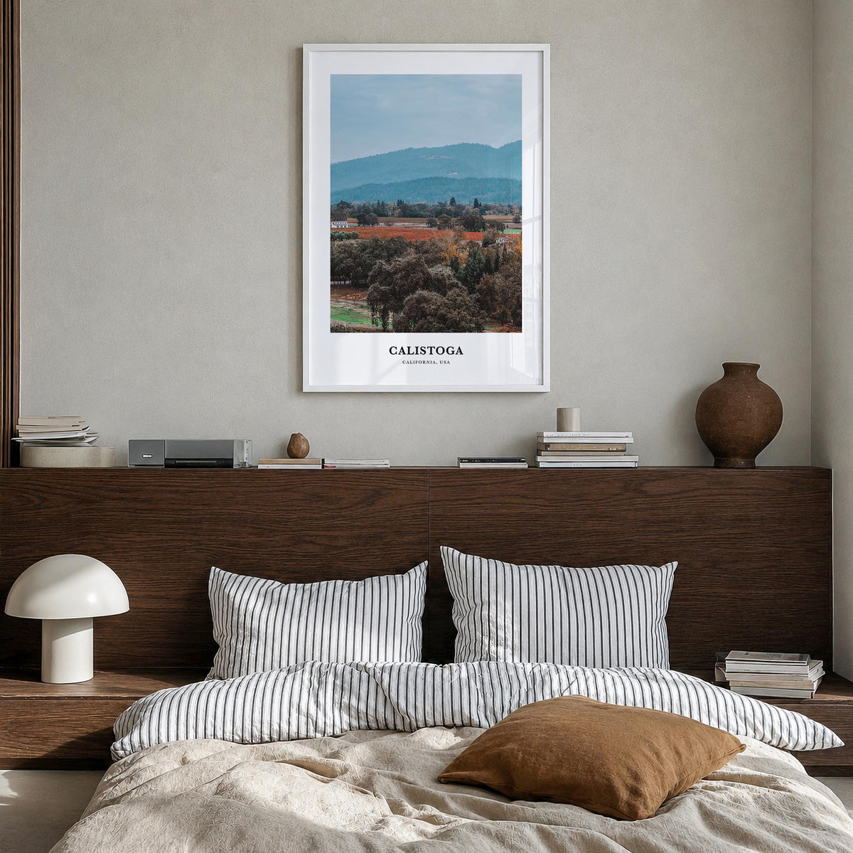 Calistoga colorful classic poster of California, USA – vertical wall art in white wood frame, hanging on wall