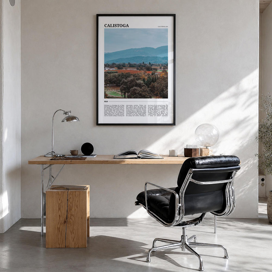 Calistoga colorful travel poster of California, USA – vertical wall art in black wood frame, hanging on wall