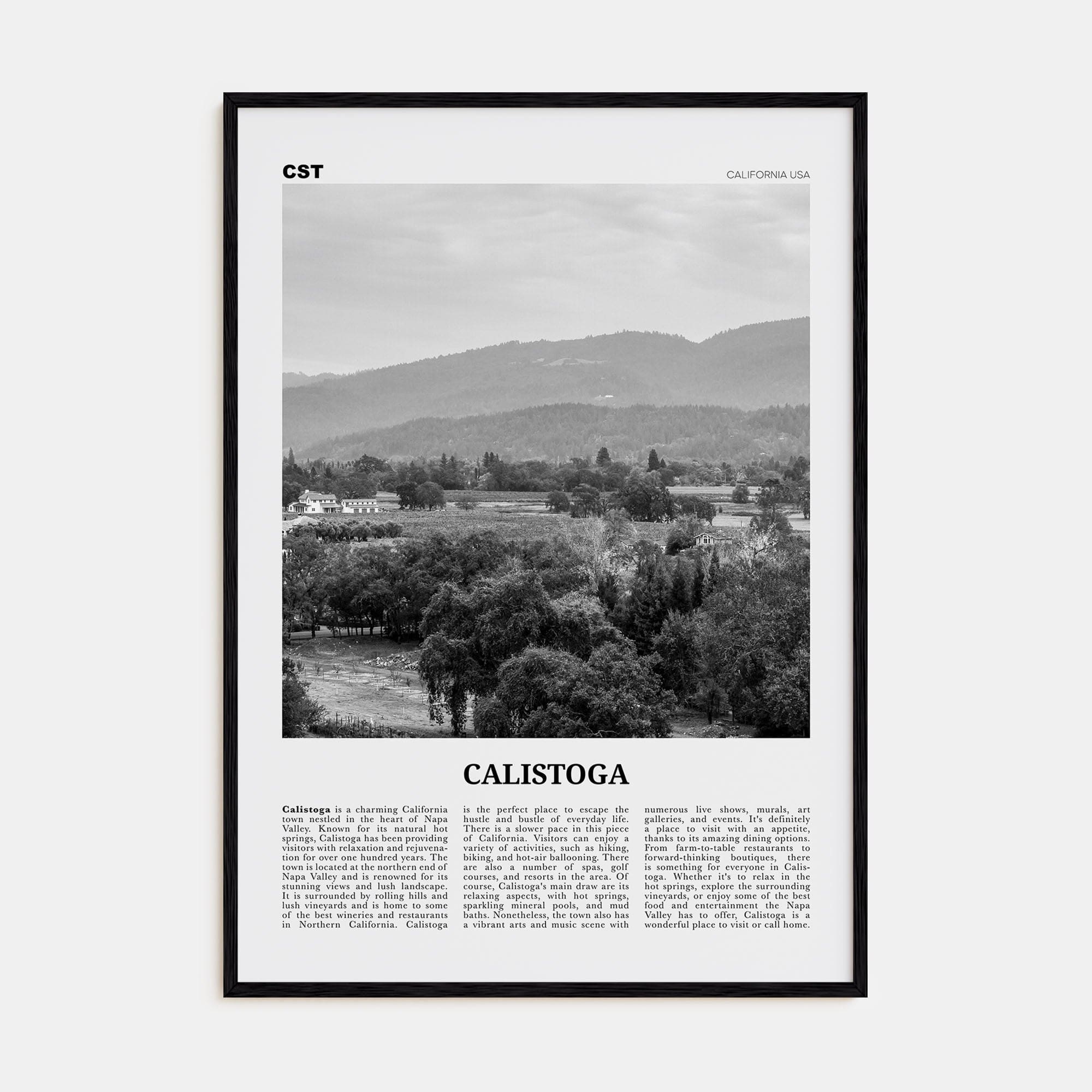 Calistoga Poster Black Wood / 8x12 in Nbourhood Travel B&W Poster