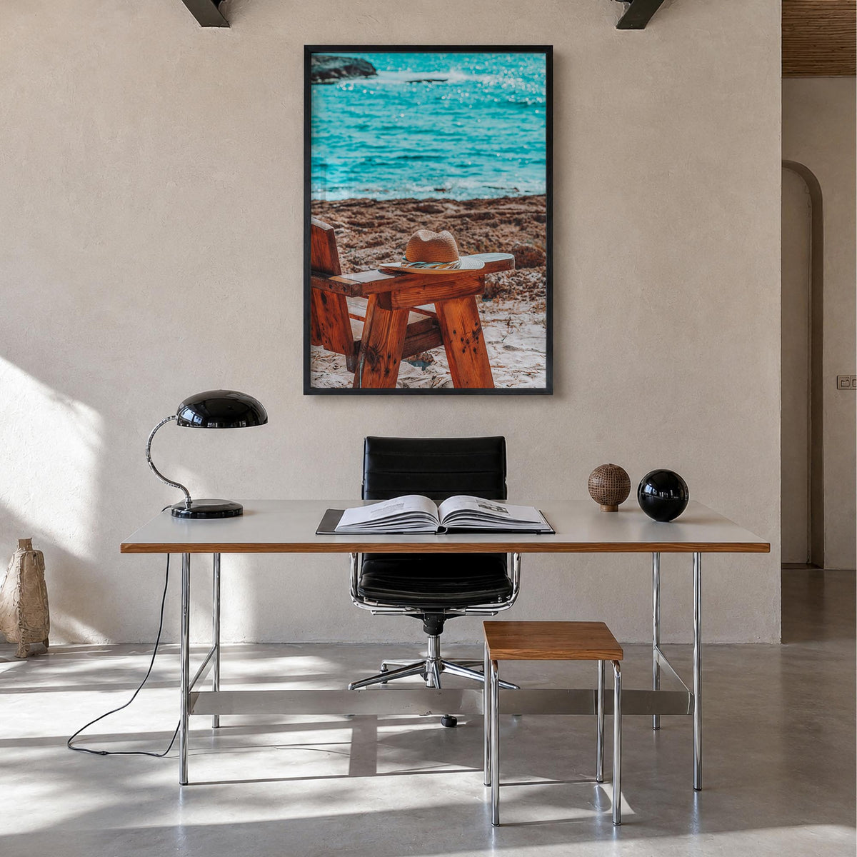 Calm Beach colorful photo poster – vertical wall art in black wood frame, hanging on wall