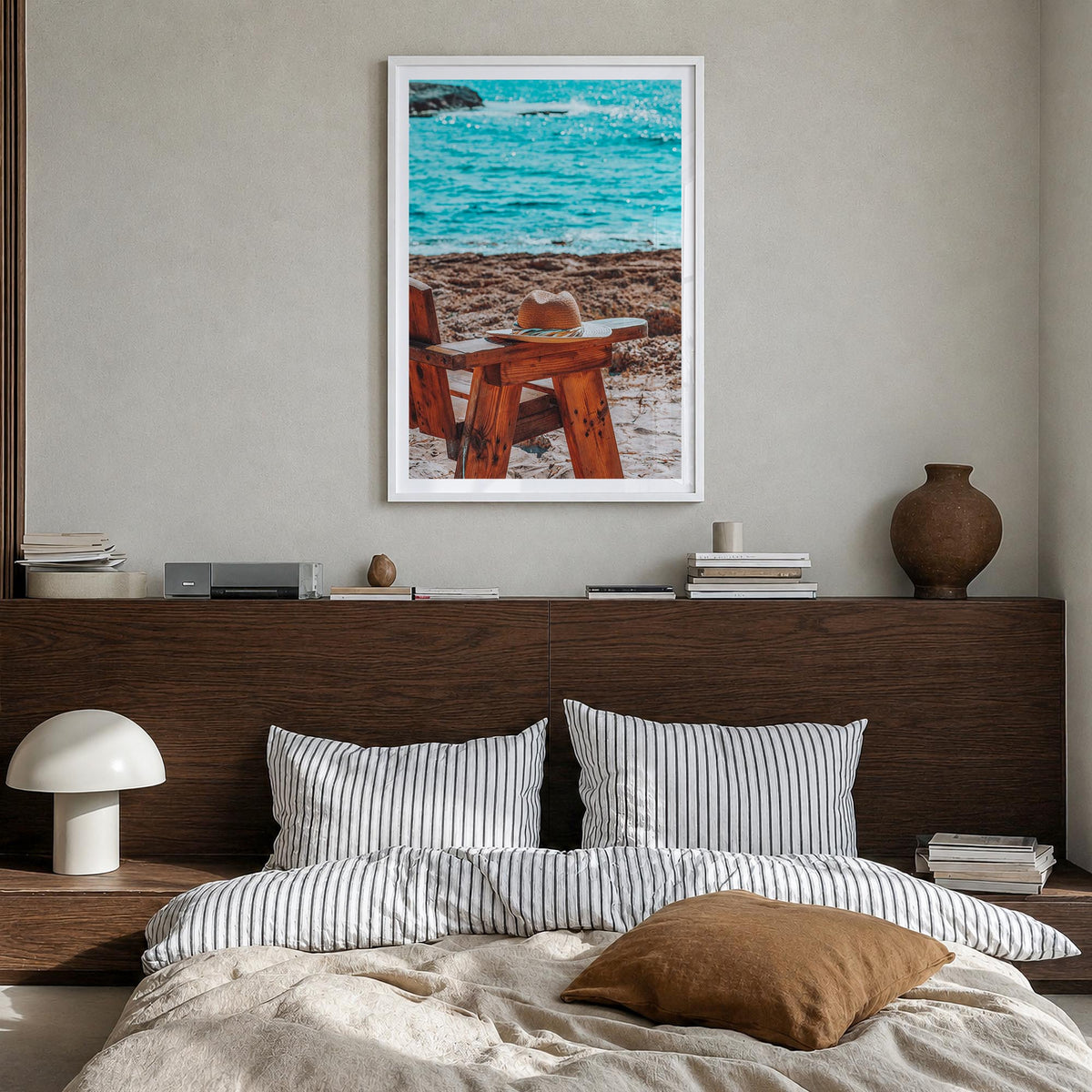 Calm Beach colorful photo poster – vertical wall art in white wood frame with white border, hanging on wall
