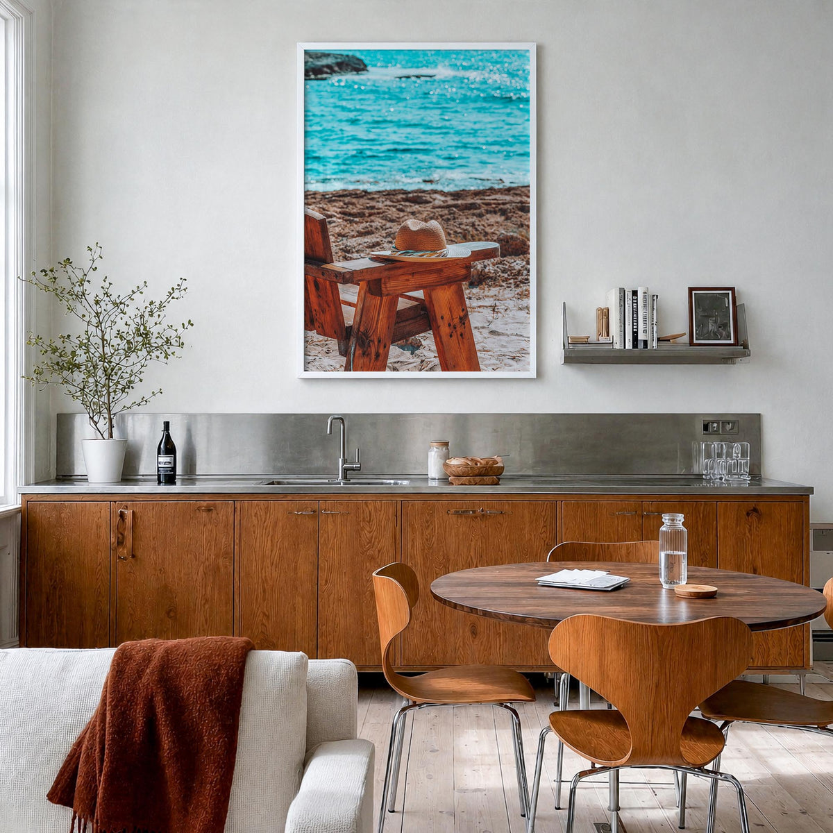 Calm Beach colorful photo poster – vertical wall art in white wood frame, hanging on wall