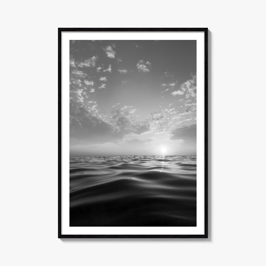 Calm Sunset black & white photo poster – vertical wall art, unframed print shown in interior mockup