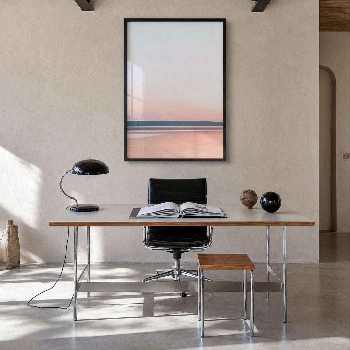 Calm Sunset no. 1 colorful photo poster – vertical wall art in black wood frame, hanging on wall