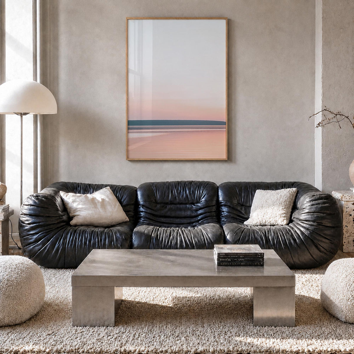 Calm Sunset no. 1 colorful photo poster – vertical wall art in natural wood frame, hanging on wall