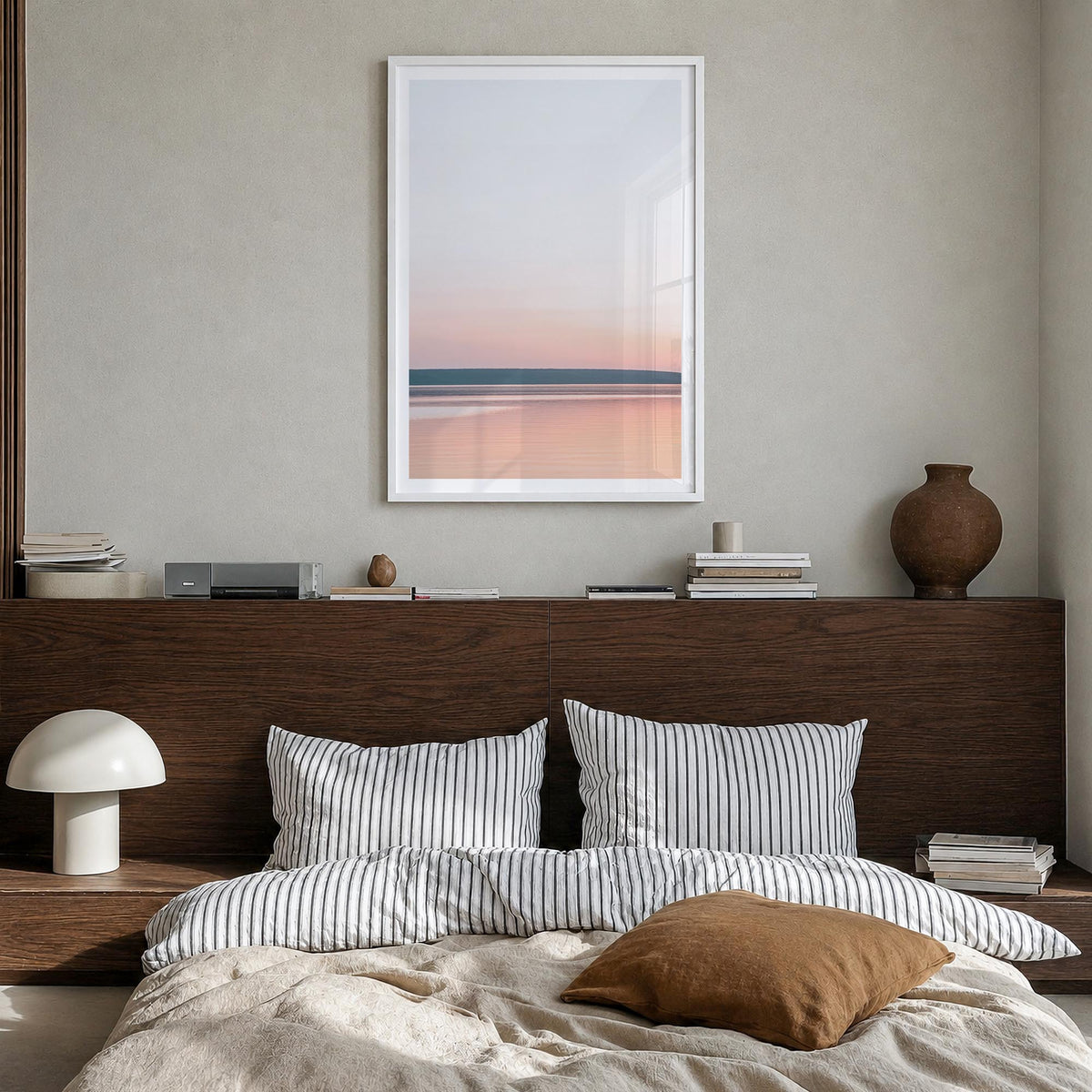 Calm Sunset no. 1 colorful photo poster – vertical wall art in white wood frame with white border, hanging on wall