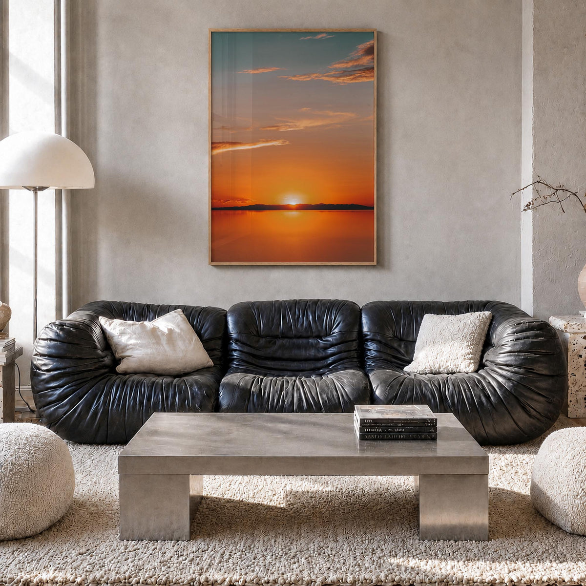 Calm Sunset no. 2 colorful photo poster – vertical wall art in natural wood frame, hanging on wall