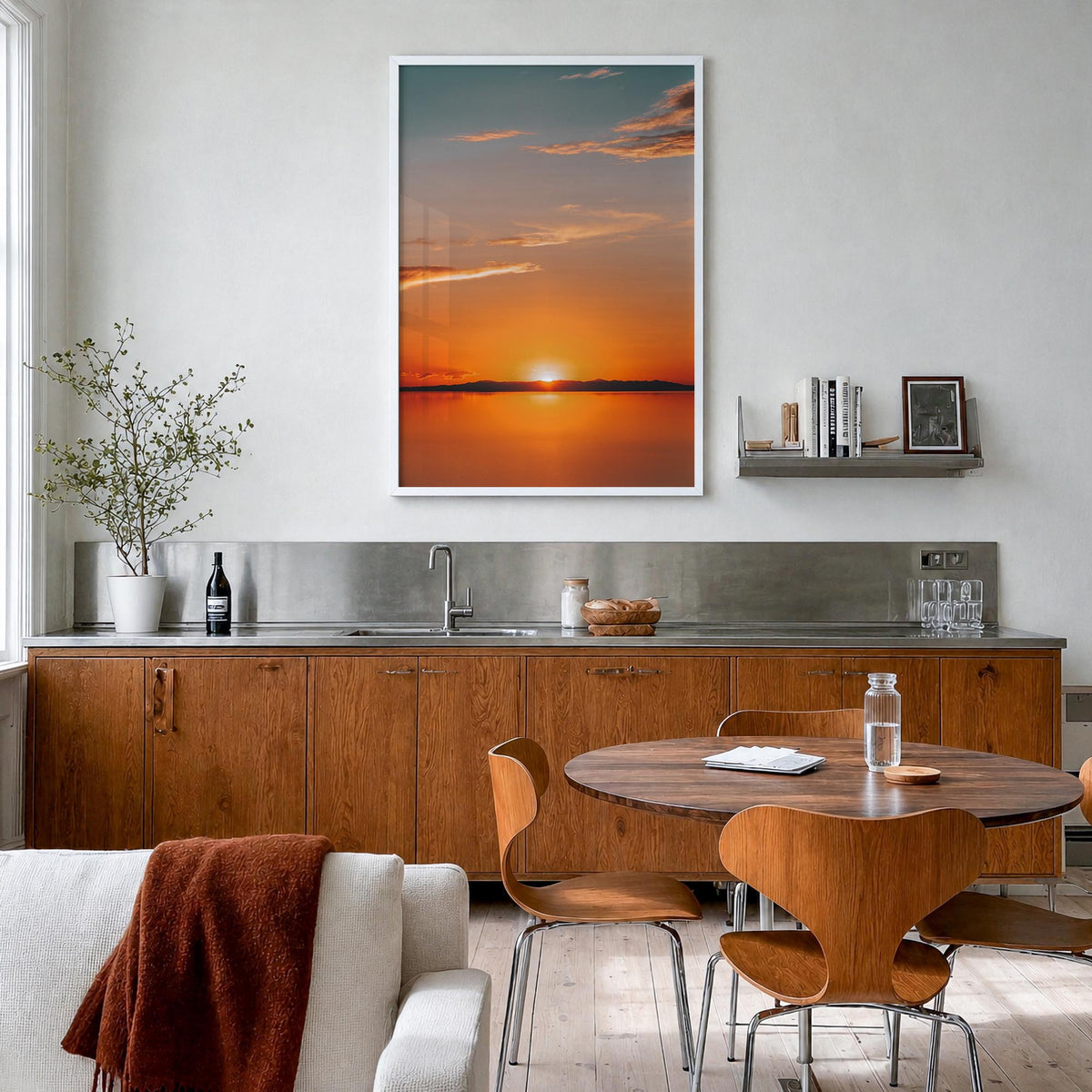 Calm Sunset no. 2 colorful photo poster – vertical wall art in white wood frame, hanging on wall