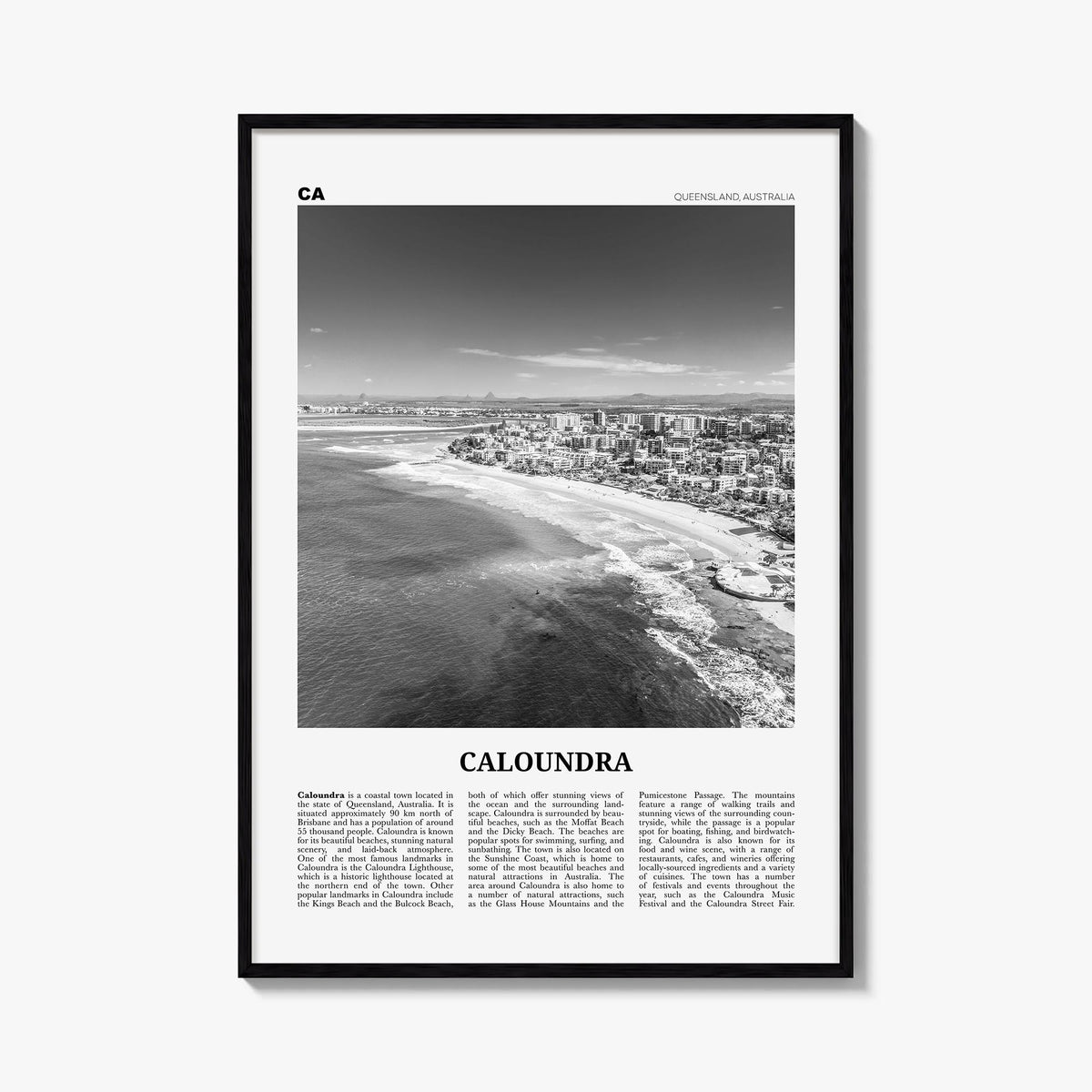 Caloundra black & white newspaper poster of Australia – vertical wall art, unframed print shown in interior mockup