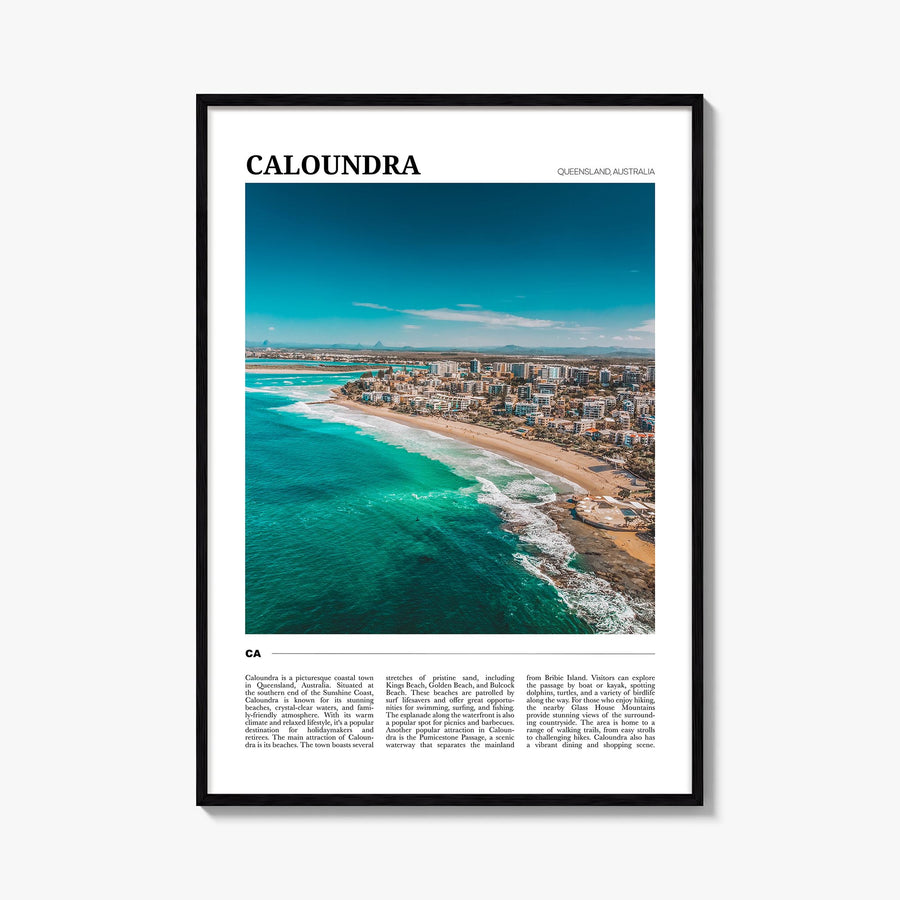 Caloundra colorful travel poster of Australia – vertical wall art, unframed print shown in interior mockup