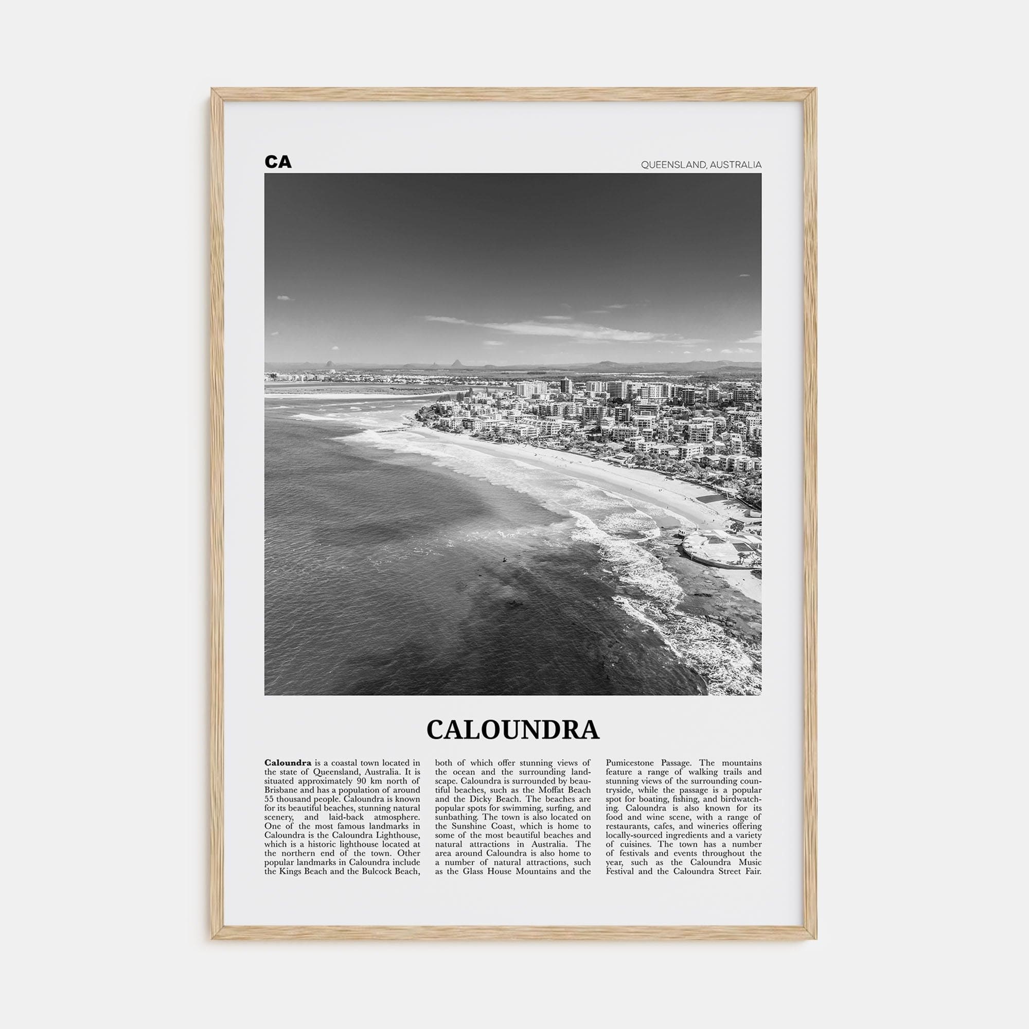 Caloundra Poster Natural Wood / 8x12 in Nbourhood Travel B&W Poster