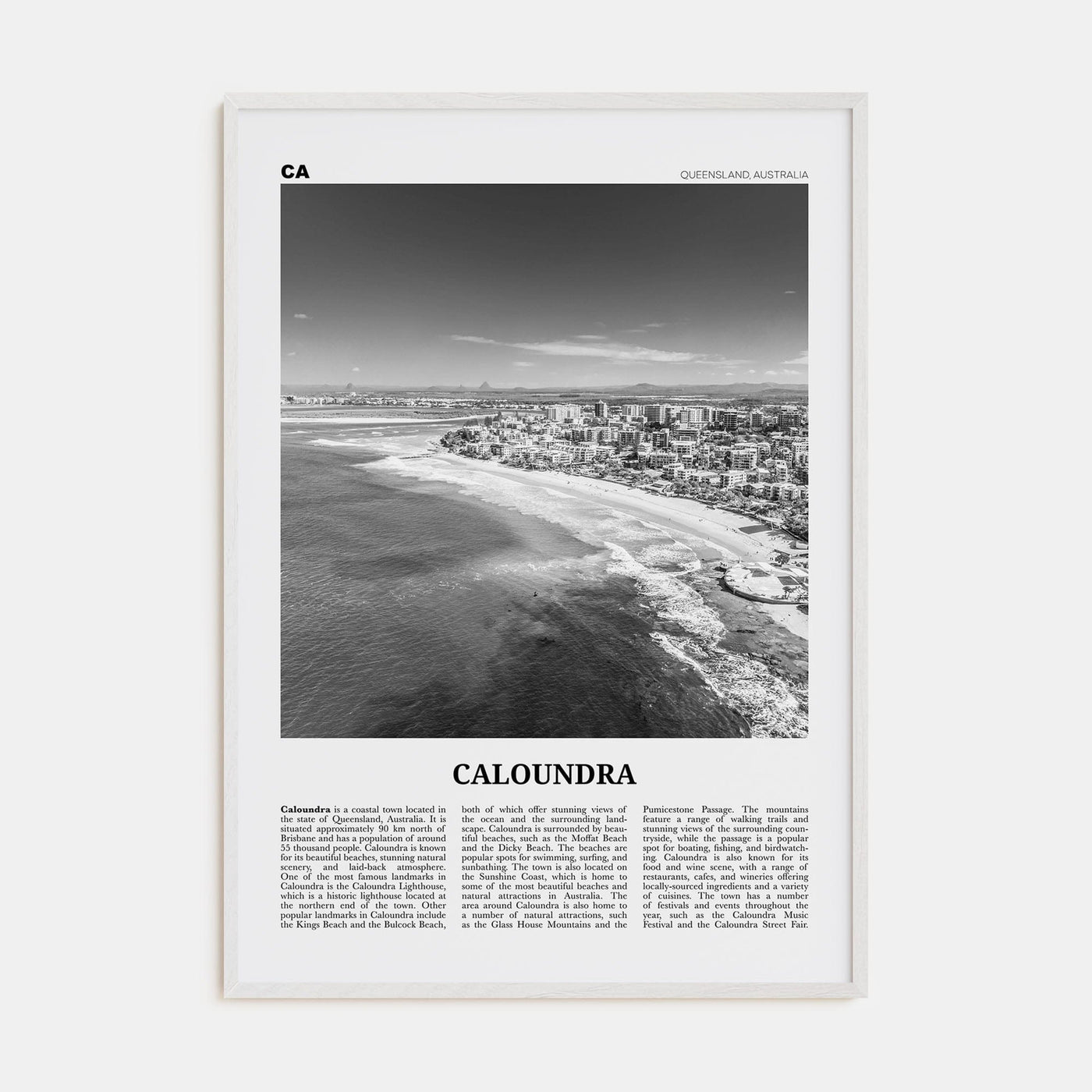 Caloundra Poster White Wood / 8x12 in Nbourhood Travel B&W Poster