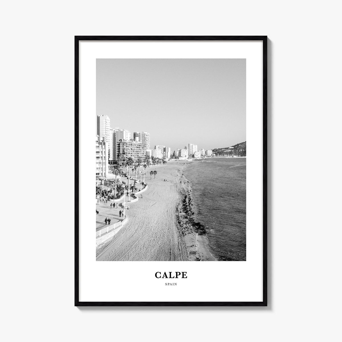 Calpe black & white classic poster of Spain – vertical wall art, unframed print shown in interior mockup