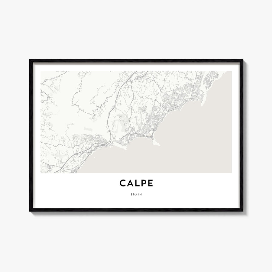 Calpe black & white map poster of Spain – horizontal wall art, unframed print shown in interior mockup