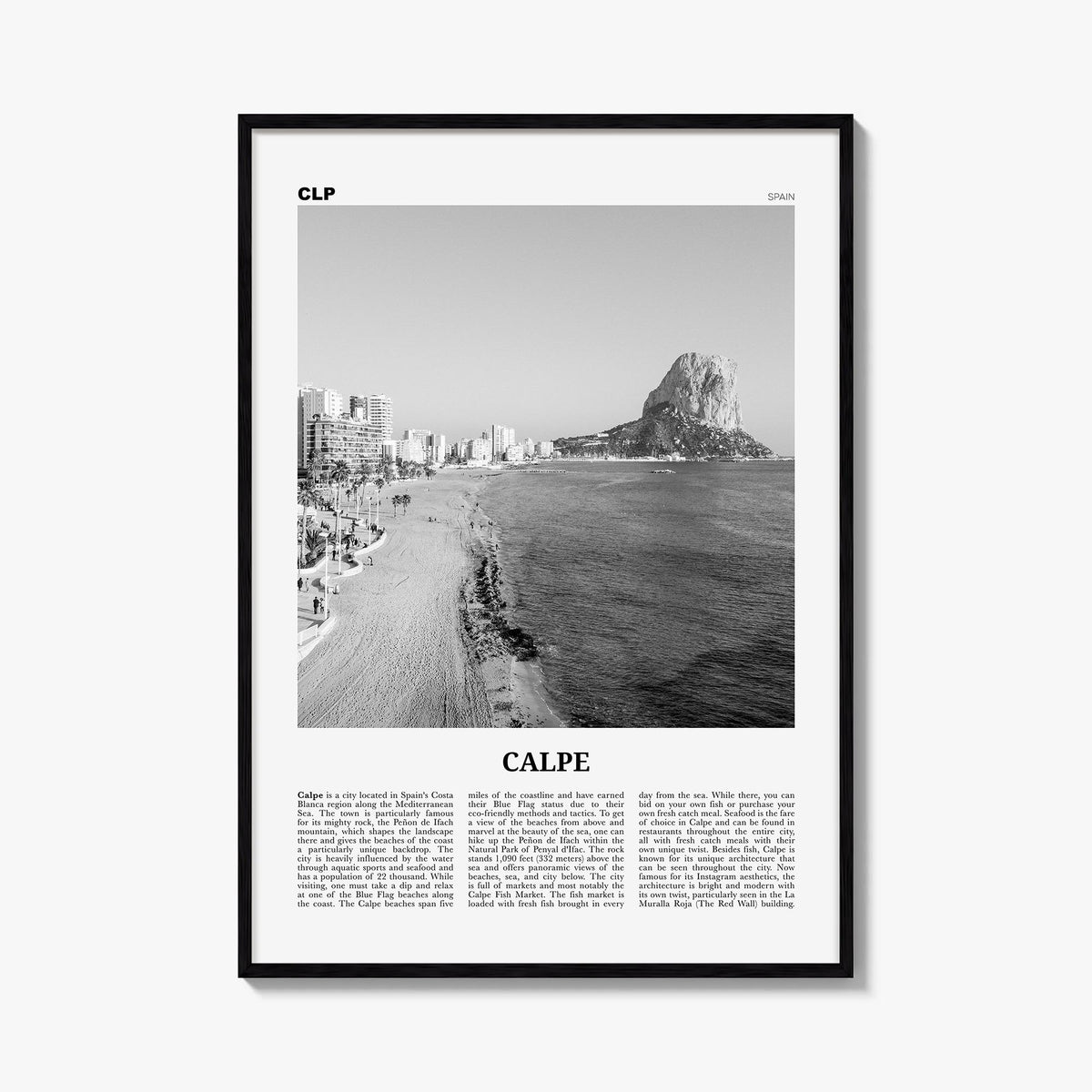 Calpe black & white newspaper poster of Spain – vertical wall art, unframed print shown in interior mockup