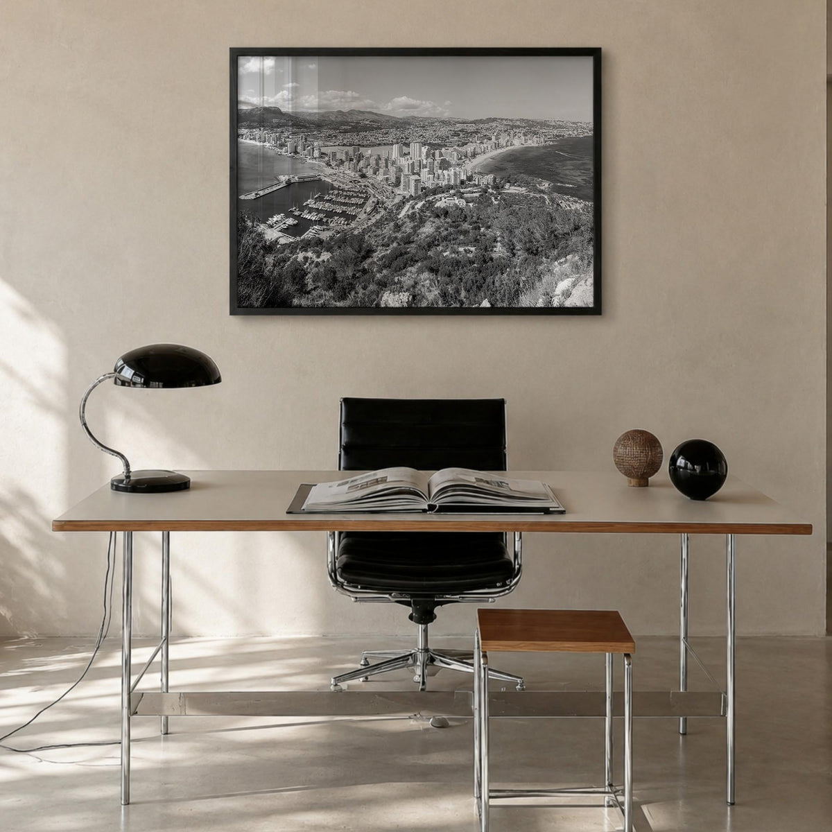 Calpe black & white photo poster of Spain – horizontal wall art in black wood frame, hanging on wall