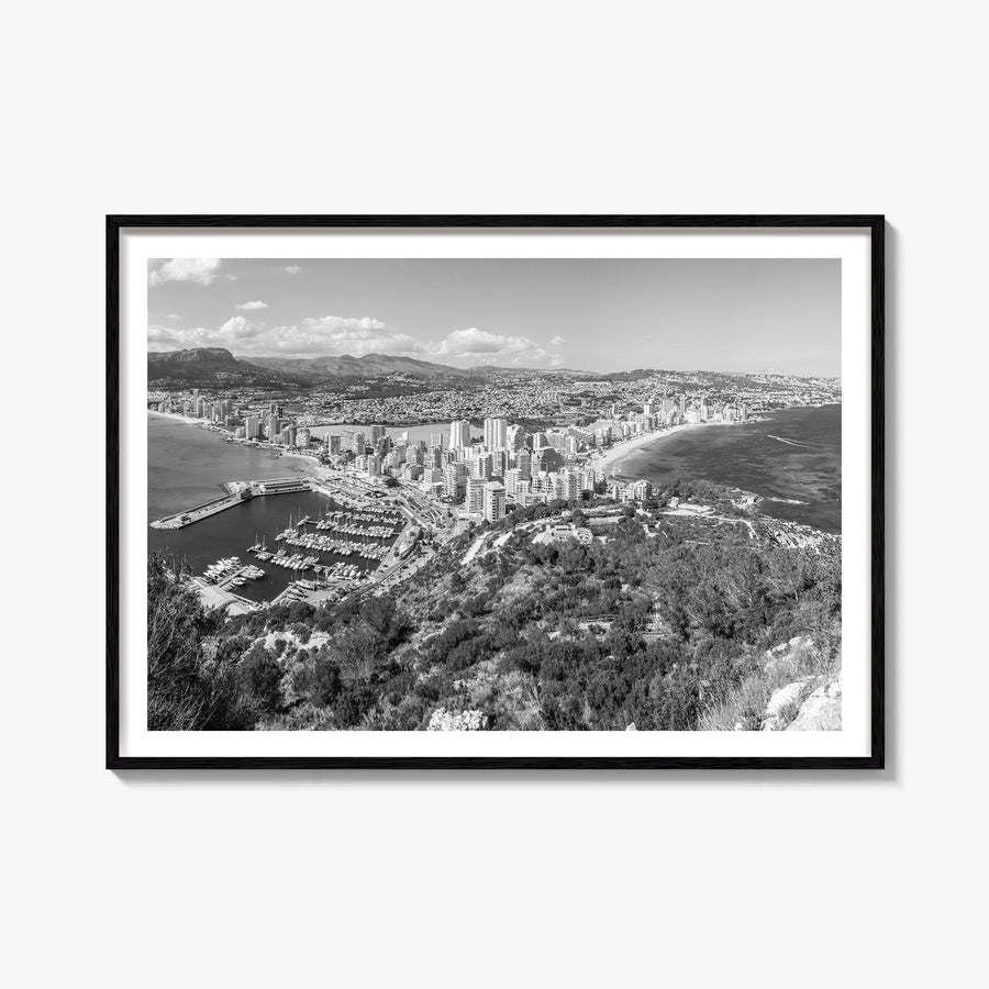 Calpe black & white photo poster of Spain – horizontal wall art, unframed print shown in interior mockup