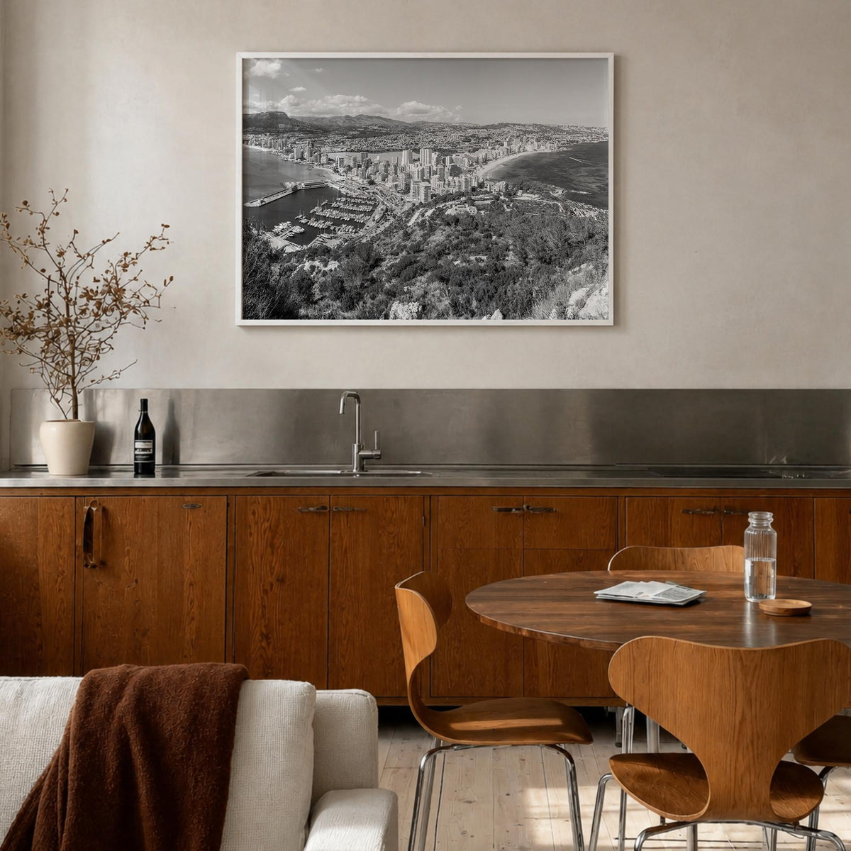 Calpe black & white photo poster of Spain – horizontal wall art in white wood frame, hanging on wall