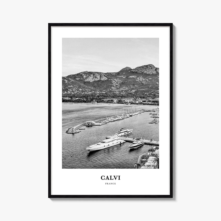 Calvi black & white classic poster of France – vertical wall art, unframed print shown in interior mockup