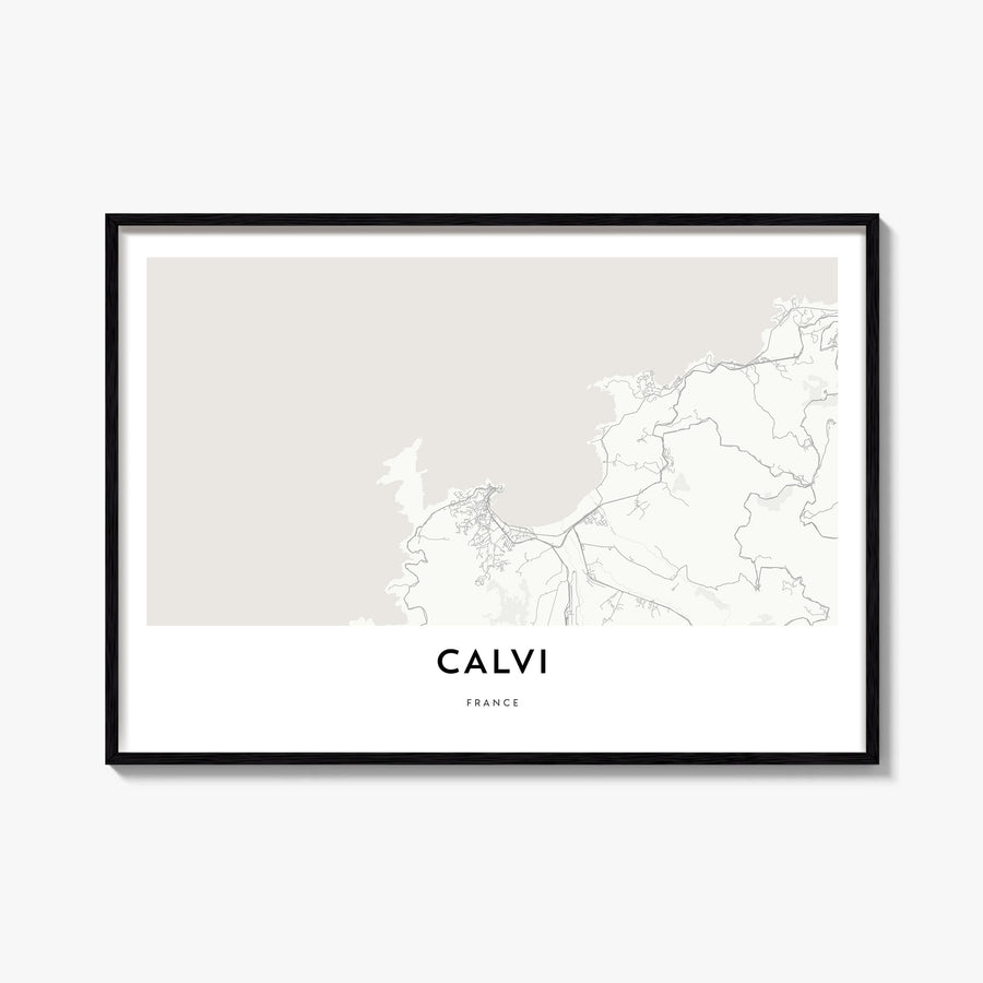Calvi black & white map poster of France – horizontal wall art, unframed print shown in interior mockup