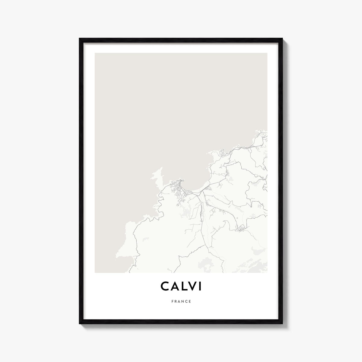 Calvi black & white map poster of France – vertical wall art, unframed print shown in interior mockup