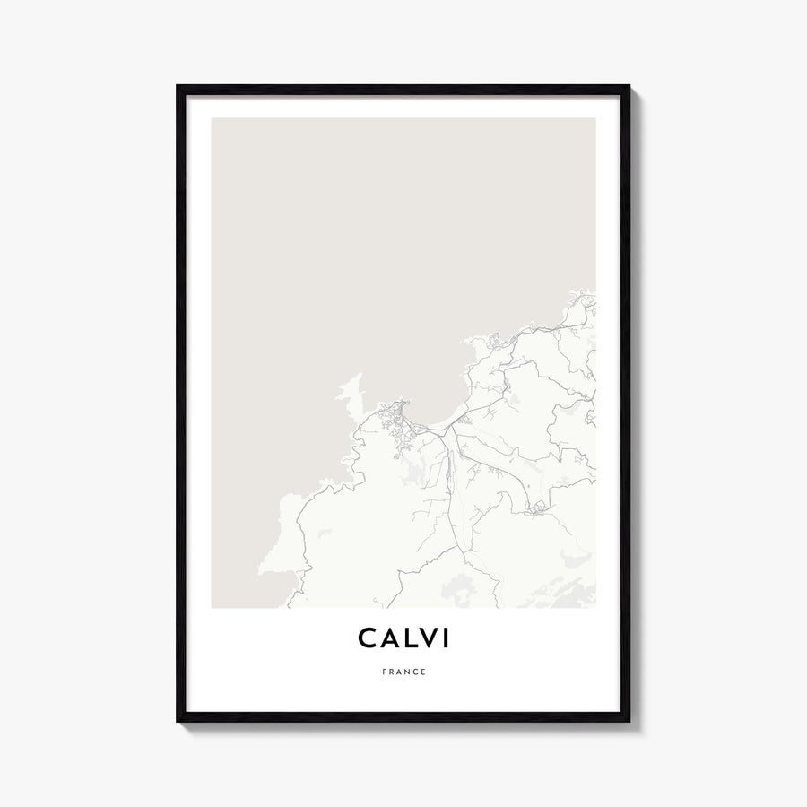 Calvi black & white map poster of France – vertical wall art, unframed print shown in interior mockup