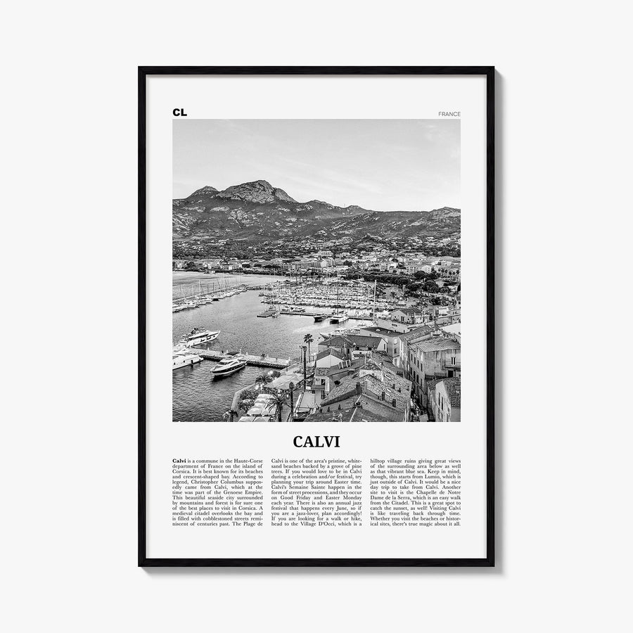 Calvi black & white newspaper poster of France – vertical wall art, unframed print shown in interior mockup