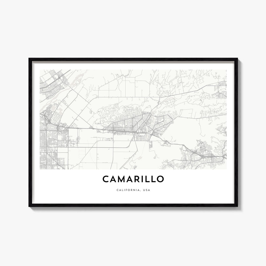 Camarillo black & white map poster of California, USA – horizontal wall art, unframed print shown in interior mockup