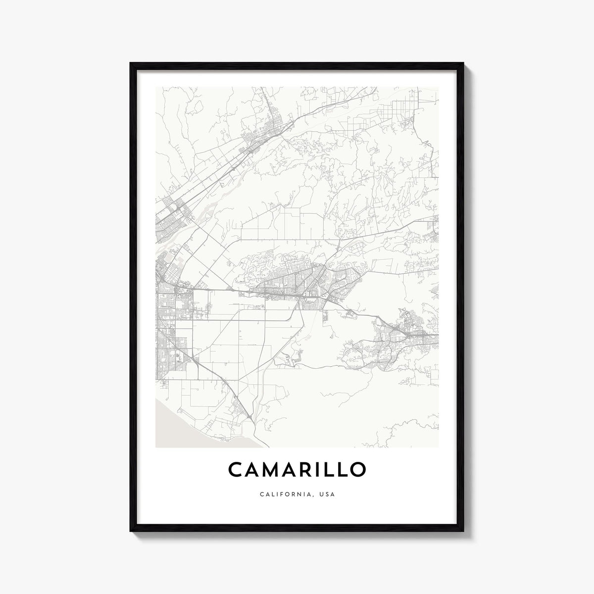 Camarillo black & white map poster of California, USA – vertical wall art, unframed print shown in interior mockup