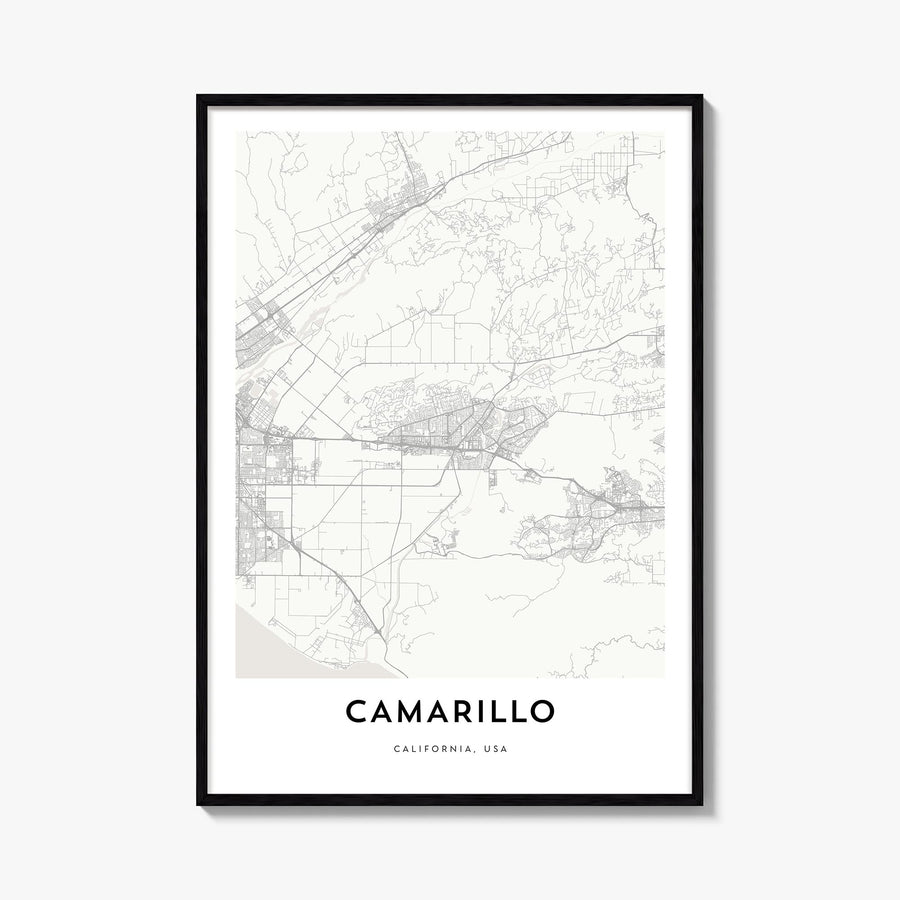 Camarillo black & white map poster of California, USA – vertical wall art, unframed print shown in interior mockup