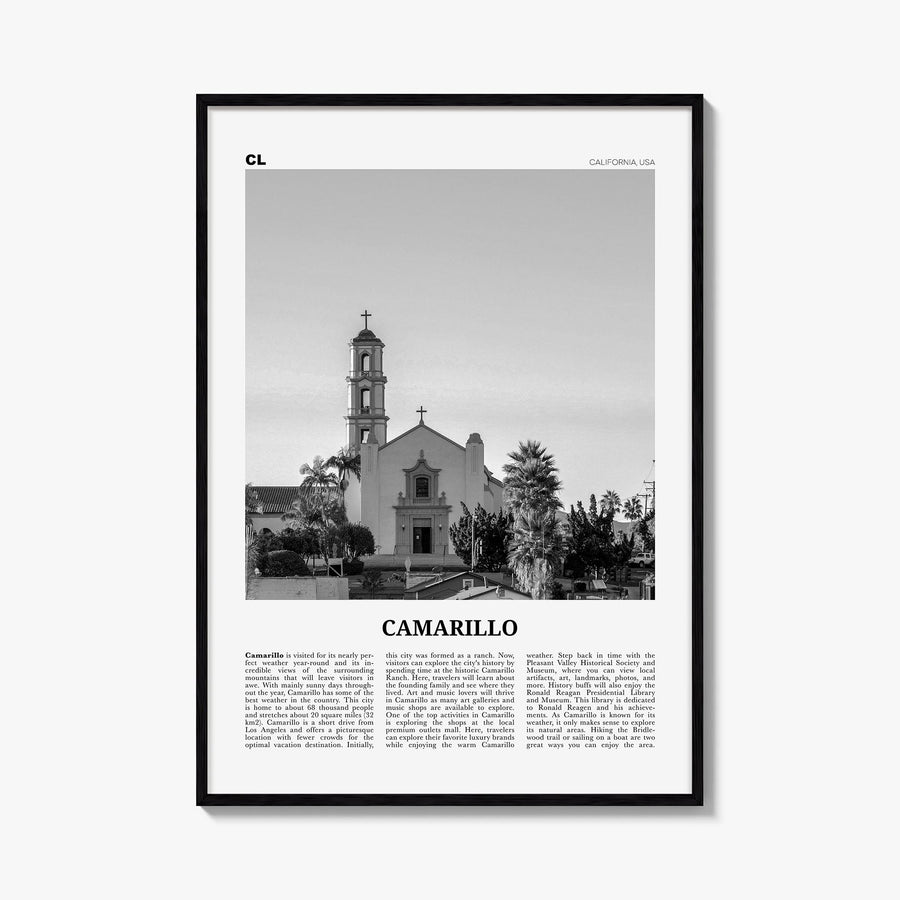Camarillo black & white newspaper poster of California, USA – vertical wall art, unframed print shown in interior mockup