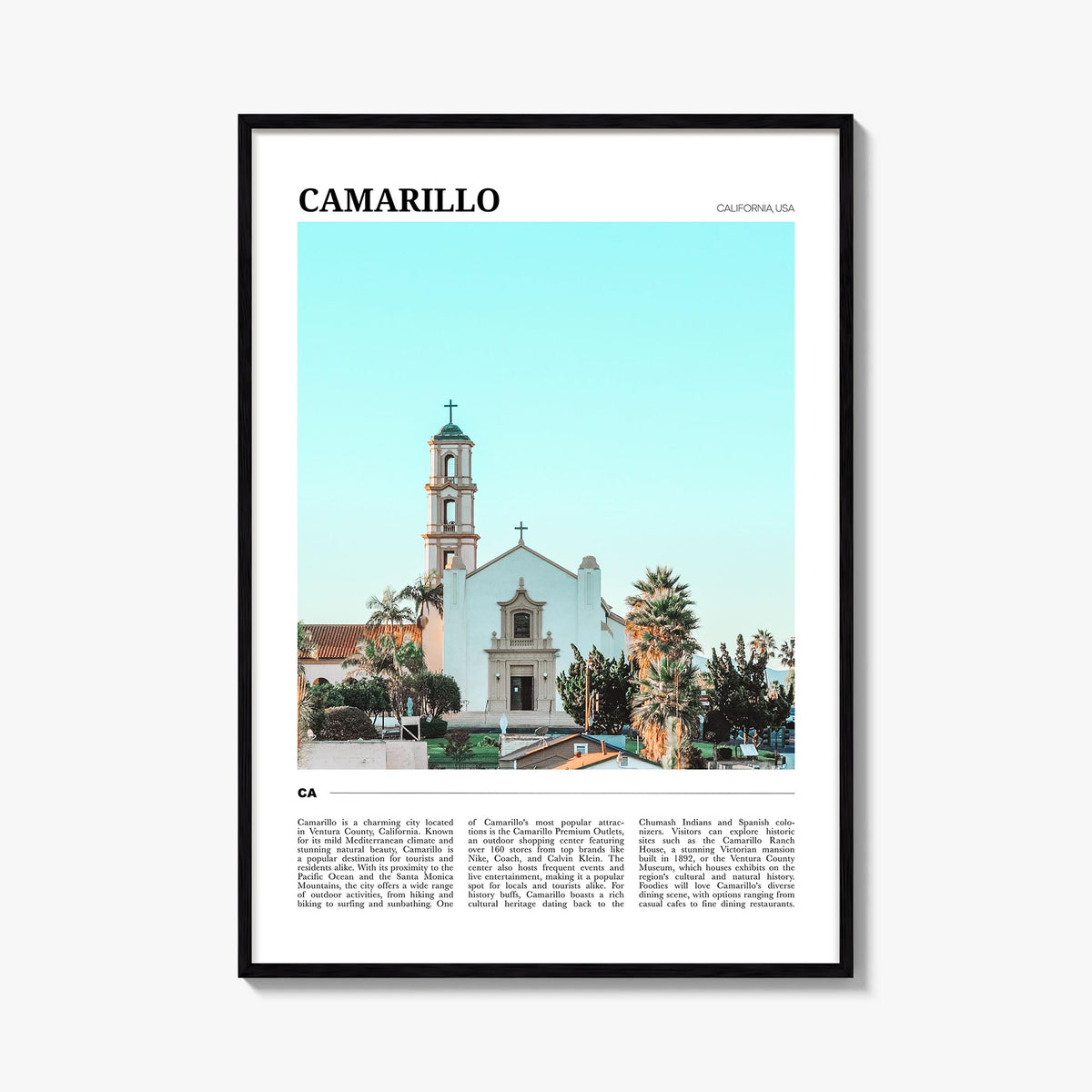 Camarillo colorful travel poster of California, USA – vertical wall art, unframed print shown in interior mockup