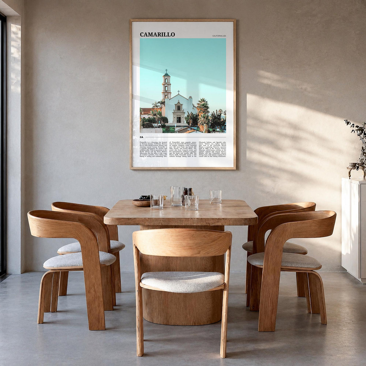 Camarillo colorful travel poster of California, USA – vertical wall art in natural wood frame, hanging on wall
